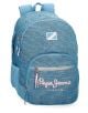 Синя дънкова визия ученическа раница Pepe Jeans Lena с две отделения, 44 см, със светлосини ципове и презрамки. Има преден джоб с "Pepe Jeans London" в розово и бяло, малко лого и няколко отделения за училищни принадлежности.-1-thumb