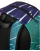 Крупно изображение на ученическата раница „Space Junk Gameover Astronaut“ с дизайн, вдъхновен от галактиката, с джоб с цип и подплатени, релефни черни раменни ремъци. Белите ивици и точки създават ефект на звездно небе върху зелената и лилавата тъкан, под-5-thumb