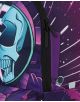 Крупно изображение на цветната, ергономична ученическа раница „Space Junk Gameover Astronaut“, украсена със синя черепа в космически костюм и малка графика на астронавт върху лилав фон с космическа тематика, изпъстрен със звезди.-6-thumb