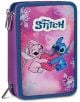 Ярък ученически несесер „Seven Lilo & Stitch“ с три отделения, пълен, с цип и дизайн с Стич и Ейнджъл на розово-лилав фон с флорални мотиви и сърца.-1-thumb