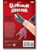 Задната корица на Ultraman: 1 показва ръкавицата на Ултрамен, която се протяга, за да стисне стрелящата с паяжина ръка на Човека-паяк, с надвиснали силуети на Кайджу на червен фон и описателен текст.-2-thumb
