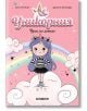 Розовата корица на "Уникорния - брой 1: Урок по летене" показва карикатурно момиче с лилава коса, рог на еднорог и крила върху облак. Тя е заобиколена от дъги, звезди и облаци, докато се подготвя за своя изпит по летене във Висшето училище по магия.-2-thumb