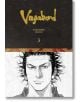 Корицата на Vagabond Definitive Edition, Vol. 3 от Такехико Иноуе, самурайска манга, вдъхновена от Миямото Мусаши, със златно заглавие в горната част и черно-бяло изображение на строг млад мъж с дива коса отдолу.-2-thumb