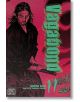 Корицата на Vagabond Vol. 11 е със смел червен фон със стилизирано изображение на легендарния фехтовач Миямото Мусаши, подчертано от вертикален зелен текст, който улавя същността на прочутата самурайска поредица на Иноуе.-2-thumb