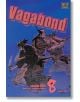 На корицата на Vagabond Vol. 8 са изобразени двама самураи с извадени мечове на лилав фон. Поредицата проследява историята на Миямото Мусаши, а заглавието "Vagabond" е изписано с големи, дръзки червени букви в горната част.-2-thumb