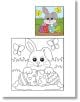 Страница от Великден - книжка за оцветяване със стикери за яйца показва сиво зайче с великденски яйца в тревата, две жълти пеперуди и черно-бял контур, който децата могат да оцветят и украсят със стикери.-3-thumb