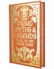 Изображението показва корицата на книгата "Викингски митове и легенди" със златно релефно заглавие, мотиви от скандинавската митология, митични същества и централна фигура на викинг на оранжев фон.-1-thumb