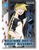 Герой в аниме стил с жълта и кафява бодлива коса се усмихва пред призрачни сини фигури и хартиени талисмани на сенчеста стена. Добре дошли в имението на призраците, том 1 е вашият вход към странните психически случки и комедията на ужасите!.-thumb
