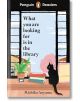 Корицата на книгата Penguin Reader Level 4: What You Are Looking for is in the Library представя черна котка на перваза на прозореца с подредени книги, саксийно растение и чаша с изглед към града - идеална за изучаващите английски език.-1-thumb