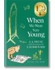 Корицата на "Когато бяхме съвсем малки", 100-годишнина, от А.А. Милн, с рисунка на Е.Х. Шепърд: мече разглежда вестник пред високо огледало, златна емблема на годишнината и рисунки на зелен фон - любима класическа детска поезия.-2-thumb