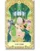 Картата "Десет монети" в артдеко стил на колодата и наръчника "Wicked Tarot" показва елегантно облечени хора, които празнуват под стъклен купол със светлини и цветя и пускат балони с горещ въздух на закрито, символизиращи изобилие и успех.-5-thumb