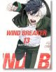 Герой в аниме стил с черно-бяла коса в зелено яке крещи енергично, протягайки ръка напред. "Wind Breaker, Vol. 13" е изписан в червено и бяло - идеален за феновете, които търсят динамично изкуство, вдъхновено от Токио, на бял фон.-thumb