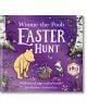 Корицата на "Великденски лов за Мечо Пух" показва Мечо Пух и Прасчо, които се възхищават на кошница с шарени яйца върху трева, с дървета, цветя, пеперуди и значка "100 години" на фон от лилаво фолио.-2-thumb