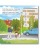 Илюстрация към книгата „Ягодка Петрова тръгва на детска градина“ показва брадат мъж, който придружава две деца на първия им ден в детската градина по тротоар, ограден с дървета, близо до модерна жилищна сграда и синя кола, като в горната част е поместен т-4-thumb