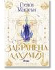 На корицата на книгата „Забранена алхимия“ са изобразени богато украсени златни орнаменти, синя бутилка с отвара пред птича клетка и четири мистични символа, които навеждат на мисълта за елементални сили, които все още не са разкрити.-2-thumb