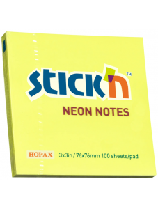 Самозалепващи неонови листчета Stick'n, жълти, 76 х 76 мм, 100 бр.