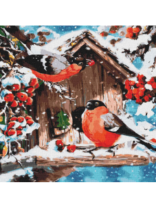 Комплект за лесно рисуване с акрилни бои Ideyka - Ярко снежни птици, 40 х 40 см.