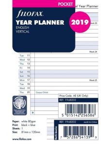 Пълнител за органайзер Filofax Pocket за 2019 г. - Вертикален планер
