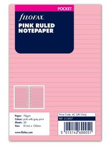 Пълнител за органайзер Filofax Pocket - 20 розови линирани листа с широки редове