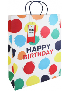 Подаръчна крафт торбичка Eurowrap - Рожден ден, цветни точки, голяма