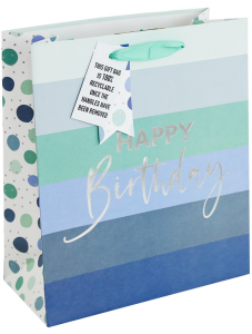 Подаръчна торбичка Eurowrap - За рожден ден, в синьо с пастелни райета, малка