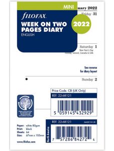 Пълнител за органайзер Filofax Mini за 2022 г. - Седмица на две страници
