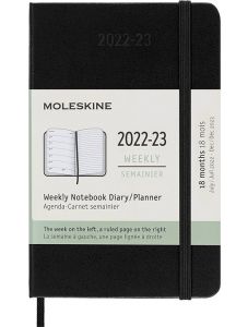 Джобен черен седмичен тефтер - органайзер Moleskine Diary Black за 18 месеца - юли 2022 / декември 2023 г. с твърди корици