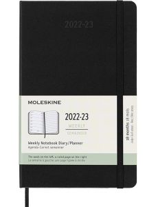 Черeн седмичен тефтер - органайзер Moleskine Diary Black за 18 месеца - юли 2022 / декември 2023 г. с твърди корици