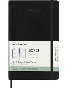 Черен седмичен тефтер - органайзер Moleskine Diary Black за 18 месеца - юли 2022 / декември 2023 г. с меки корици
