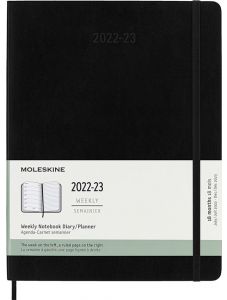Голям черен седмичен тефтер - органайзер Moleskine Diary Black за 18 месеца - юли 2022 / декември 2023 г. с меки корици