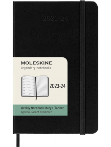 Джобен черен седмичен тефтер - органайзер Moleskine Classic за 2023/2024г. с твърди корици