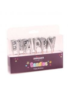 Комплект парти свещички с букви Happy Birthday, сребристи