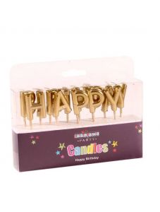 Комплект парти свещички с букви Happy Birthday, златисти