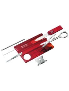Червен мултифункционален инструмент Victorinox SwissCard Lite със сменяеми инструменти - ножица, пинсета, щифт и малък метален инструмент - изложен до прозрачния червен калъф във формата на карта, наличен за онлайн покупка от книжарница Orange.