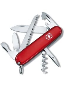 Червен Victorinox Camper швейцарски джобен нож с множество удължени инструменти, включително нож с острие, трион, отварачка за бутилки, отварачка за консерви, коркоприемник и отвертка - предлага се в книжарница Orange с удобна компактна дръжка и ключодърж