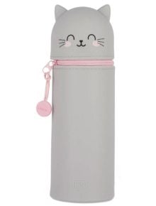 Висок, светлосив 2-в-1 силиконов несесер Legami Kawaii - Kitty с форма на коте, усмихнато лице, розови бузки и уши, розов цип и кръгъл държач - идеален аксесоар за ученическа чанта.