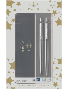 Подаръчен комплект Parker Jotter Royal Jotter Stainless Steel CT в кутия, включващ един химикалка и един автоматичен молив, и двата в сребристо, изобразени на фон със златни звезди и марката Parker - предлага се в книжарница Orange.