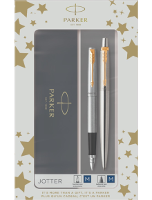 Подаръчен комплект Parker  Jotter Stainless Steel GT от книжарница Orange със сребърна химикалка и писалка със златни акценти, поставена в празнична кутия, украсена със златни звезди и марката 
