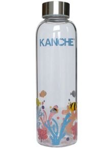 Стъклена бутилка Kanche - Морско дъно, 0.500 л. Прозрачна бутилка за вода стъклена бутилка със сребърен капак, с цветни илюстрации на риби, корали и водорасли на дъното на Kanche Морско дъно, налична в книжарница Orange. Наименованието на марката KANCHE е