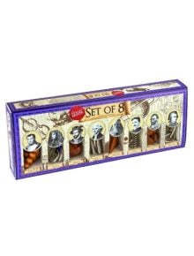 Правоъгълна кутия с надпис "3D пъзел Professor Puzzle Great Minds - сет 8 бр." съдържа осем разнообразни 3D пъзела, всеки от които изобразява историческа личност от серията Велики мислители с декоративен дизайн в старинен стил.