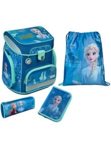 Училищен комплект със синя ученическа раница с мотиви от Frozen, чанта с шнур, моливник и тетрадка - всички украсени с Елза и Анна и лозунги като "Природата е вълшебна". Вече е налична в книжарница Orange. Стилен и ергономик избор!.