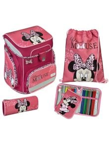 Този комплект ученическа раница Minnie Mouse от книжарница Orange включва розова раница, мешка, несесер и пълен несесер със цветни моливи и маркери - всички с весели щампи на Мини Маус и розови панделки.