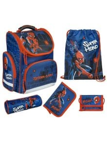 Комплект сини и оранжеви ученически пособия Scooli Spider-Man, включващ ученическа раница, моливник, чанта за обяд, портфейл и папка - идеален за всеки фен на Spider-Man, който пазарува в книжарница Orange.