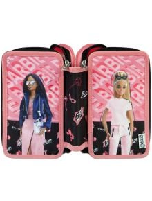 Ученически несесер Scooli Barbie с три отделения, пълен, е двулицев и розов, с картинки на две Барбита и шарка със слънчеви очила и лого - идеален за ученически материали.