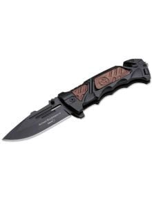 Сгъваем тактически нож с черна и дървена дръжка, Boker Plus KAL-14 е с частично назъбено острие и текстурирана дръжка. Маркиран с Автоматичен Калашников 74 и издание 3, този е отличен Джобен нож.