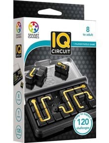 Кутия на логическа игра Smart Games: с черни пъзел елементи със златни линии върху пластмасово табло. Съдържа 120 предизвикателства за 1 играч от 8+ години, идеална за развиване на логическо мислене.