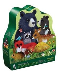 Цветната кутия Crocodile Creek Forest Friends за детски пъзел от 36 части включва илюстрирани горски животни на зелен, цветен фон - предлага се в книжарница Orange.