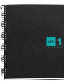 Тетрадка Miquelrius The Original Turquoise PP А5 със спирала, 80 листа на малки квадратчета с черна и текстурна корица с тюркоазен етикет M® 1 THE ORIGINAL в горния десен ъгъл. Тя се предлага в книжарница Orange.