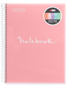 Тетрадка Miquelrius Emotions PVC А5 със спирала, 120 листа на малки квадратчета с надпис "Notebook" с бели букви на корицата, със стикер за 5 цветни секции в тетрадката, изключително непрозрачна хартия и тегло 90 g/m². Предлага се в книжарница Orange. Под