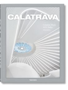 Корица на книгата за Calatrava: Монография на архитекта, в която са представени модерни интериори с бели, плавни линии и кръгли покривни прозорци, подчертани със светлосиви рамки. Представя работата на Сантяго Калатрава.